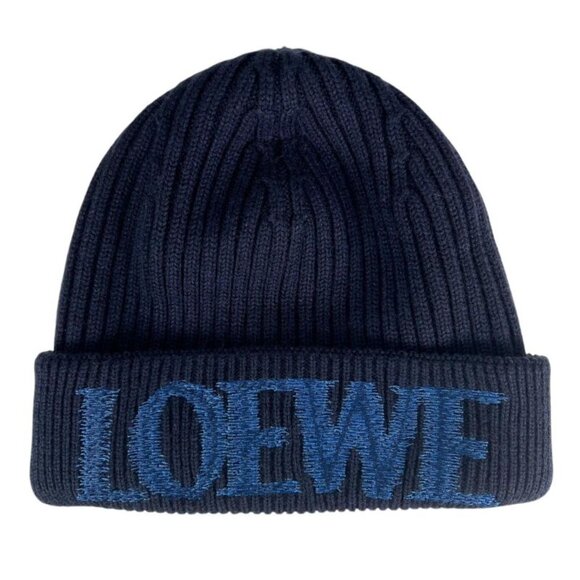 Loewe X23 100% Wool Logo Design Beanie Knit Cap Navy Blue